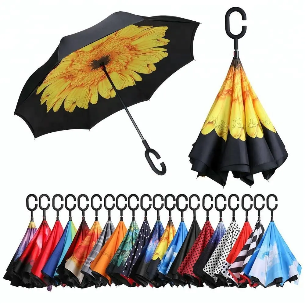 Parapluie pour la voiture, imprimé manuel, double couche, ouverture inversée, poignée en C