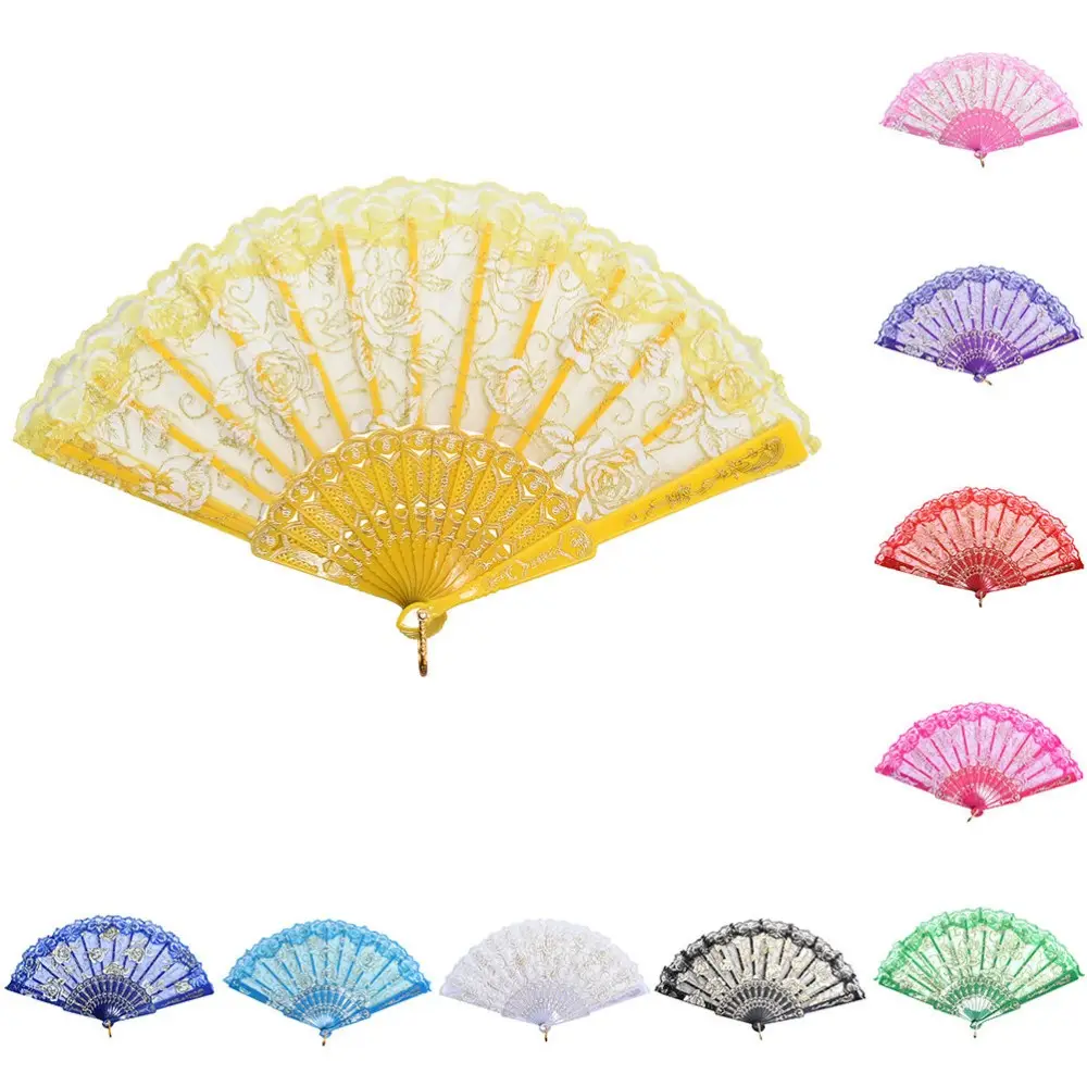 Spaanse Kant Stof goud rose Silk Folding Handheld Dance Fans Bloem Party Wedding Prom