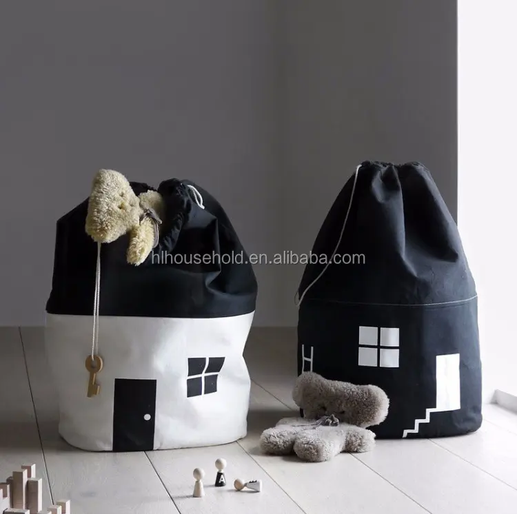 100% tela di cotone stampa ecologica borsa portaoggetti con coulisse in tela a forma di casa bianca e nera per giocattolo