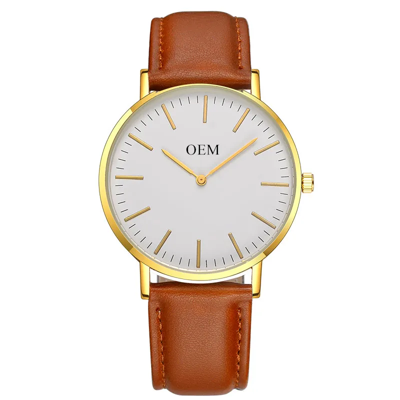 Minimalistische Custom Uw Logo Horloges Goedkope Klassieke Horloges Mannen Vrouwen Gold Vegan Lederen Quartz Legering Oem Horloges