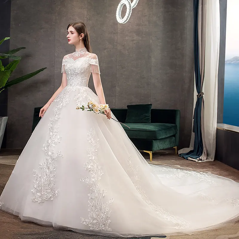 Vestido de casamento com bordado, vestido de casamento com laço e manga longa, vintage, 2019