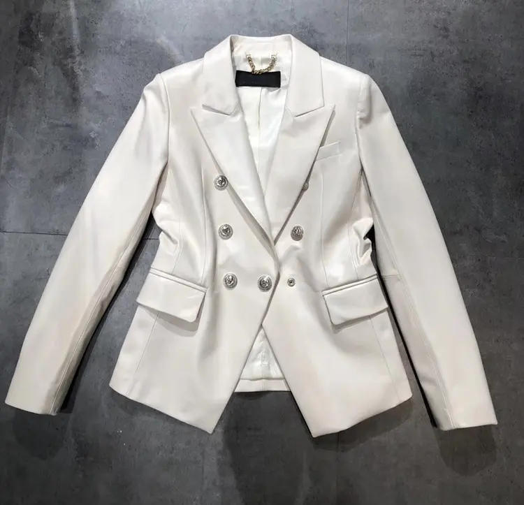 Blazer de cuero auténtico para mujer, Chaqueta corta de piel de cordero, ajustada, elegante, color blanco