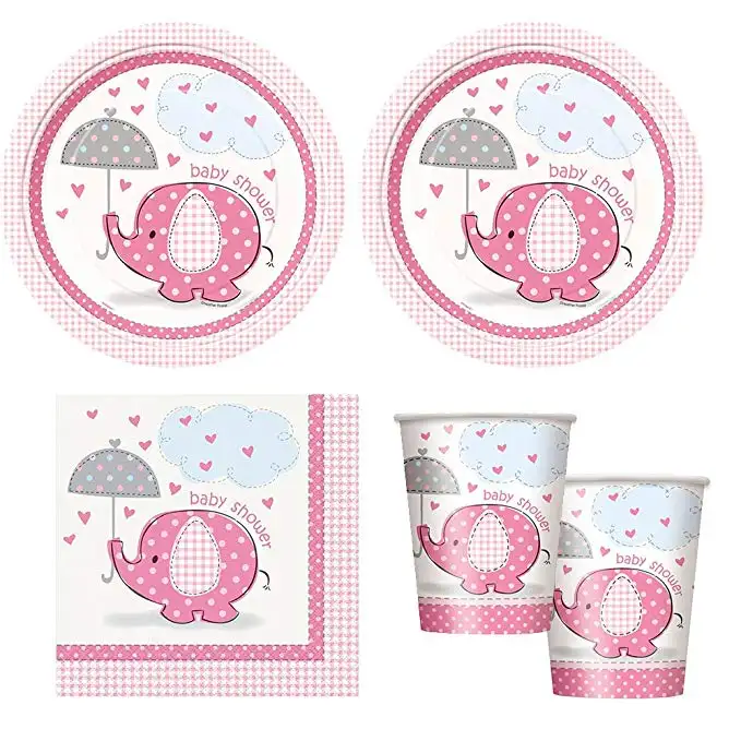 Conjunto de suprimentos para chá de bebê 2019, design de elefante rosa-placas, bolos, copos, guardanapos & decorações (deluxe-