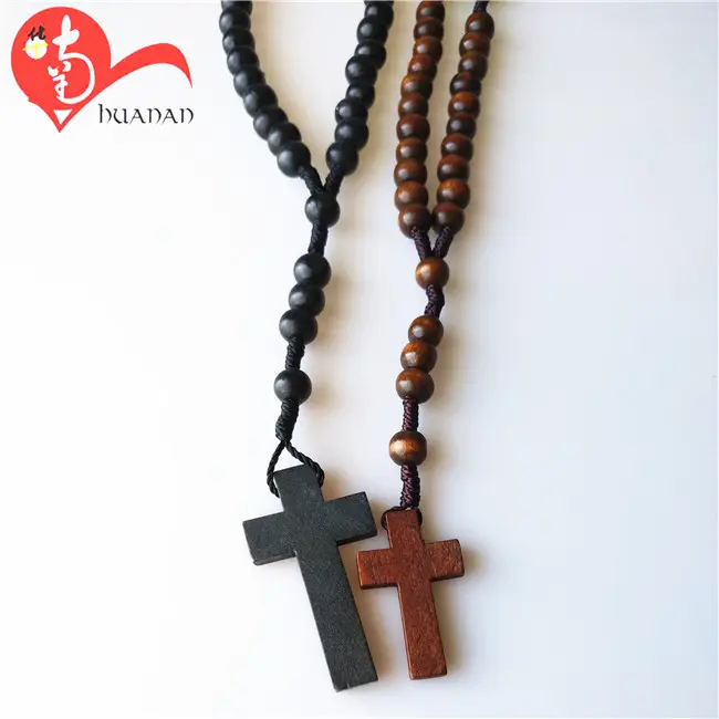 Collar de madera con cuentas redondas, Rosario religioso con Cruz, color negro, venta al por mayor