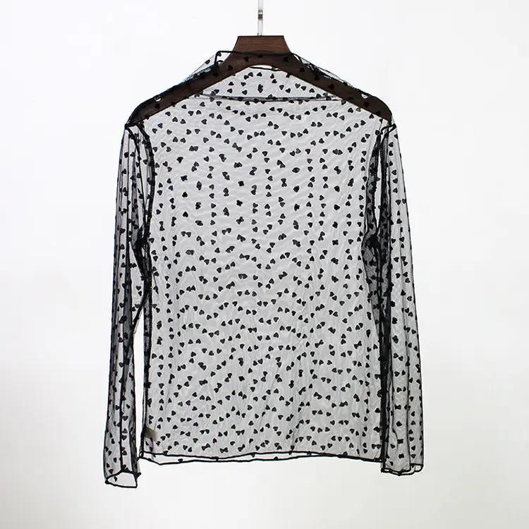 Spring Summer Women Lace Blouse Shirt Tops Sexy Long Sleeve Black Mesh SeeシースルーBlouses