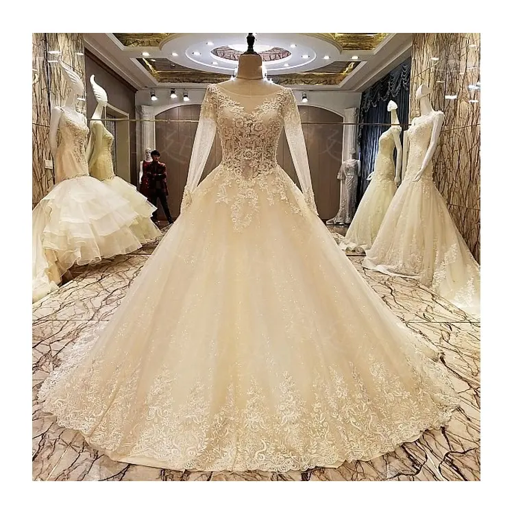 Yüksek Kaliteli Türk Scoop Boyun Uzun Kollu Muslin Gelin düğün elbisesi