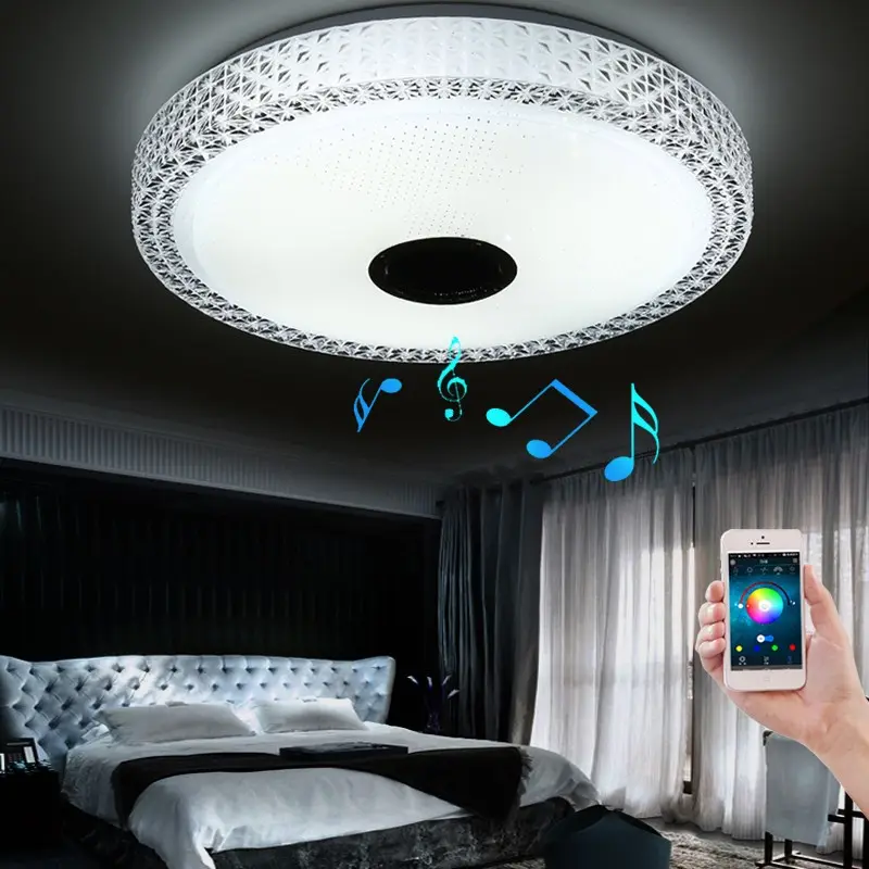 Lámpara LED de techo con música para teléfono inteligente, dispositivo de iluminación moderno con nuevo diseño, atenuación de decoloración, 020U