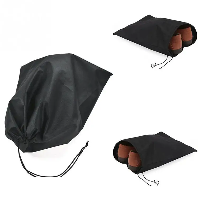 High quality custom logo eco friendly black cotton drawstring non woven shoe bag