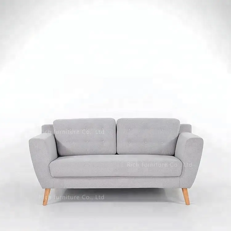 Patas de madera de tela de lino para dormitorio, diseño de Loveseat, muebles de sala de estar, botón de ocio, sofá trasero, 2 asientos, venta al por mayor