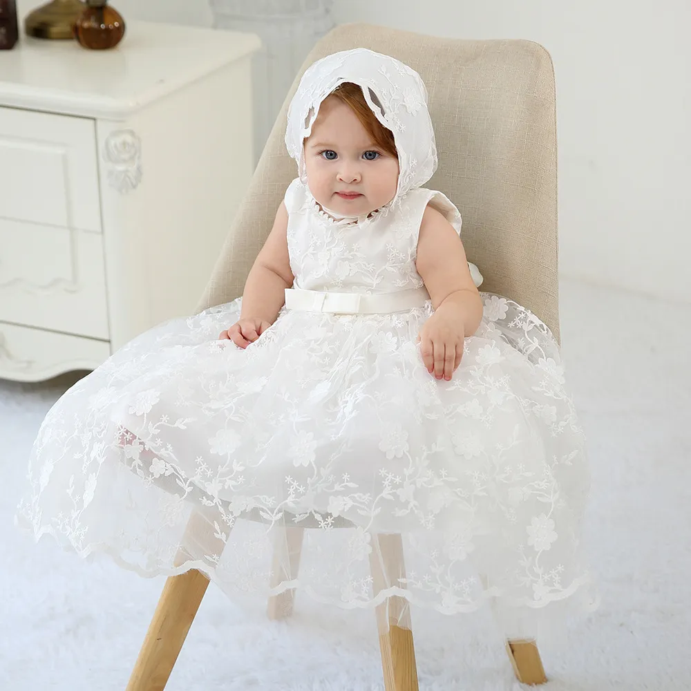 Commercio all'ingrosso Baby Girl Battesimo del Vestito con il Cappello Da Cerimonia Nuziale Della Principessa Del Partito di Pizzo Bianco Ricamato Abiti Da Battesimo Del Bambino Abiti