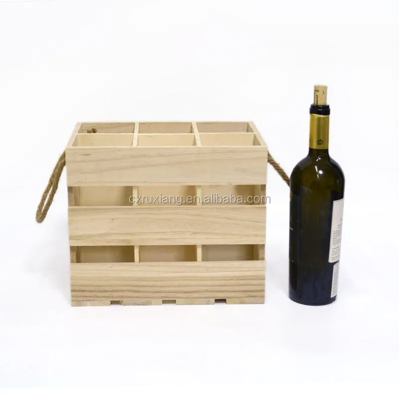 Caixa de embalagem de madeira para vinho Paulownia com 6 garrafas e alças de corda
