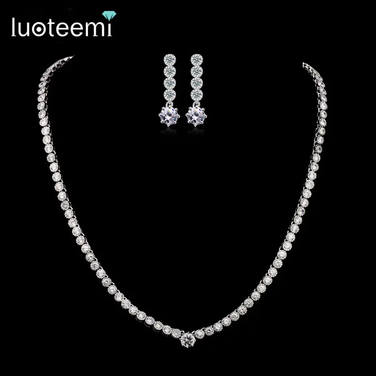 LUOTEEMI Simple Crystal Cubic Zircon Stone Necklace and Earrings Women Bride Wedding Jewelry Set