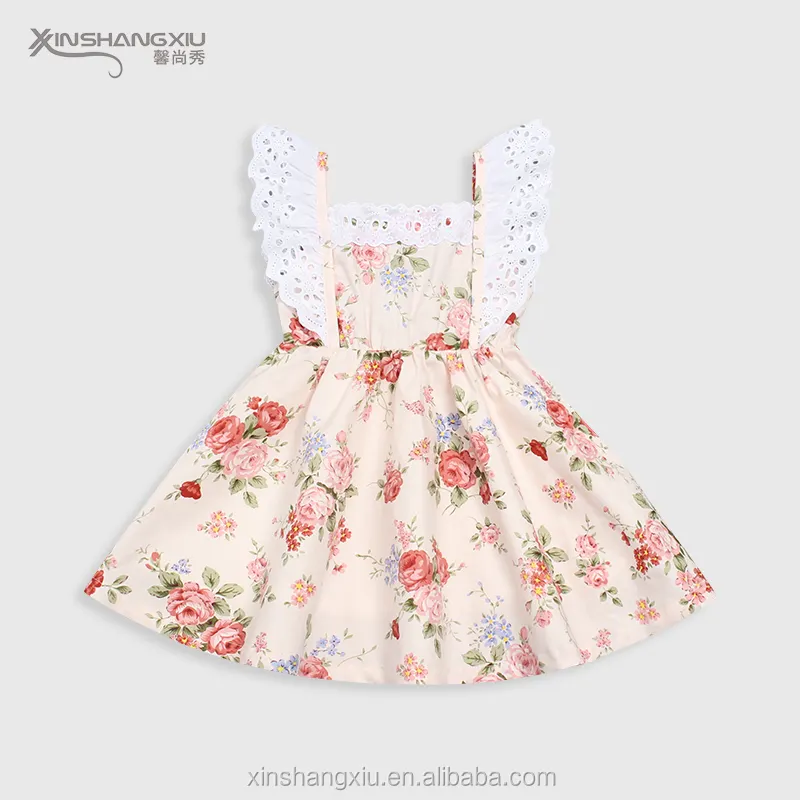 Verão novo design de moda crianças roupas de algodão floral do laço do vestido de partido das meninas