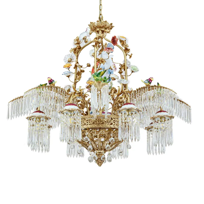 Di lusso della decorazione della casa antico disegno nuovo prodotto K9 Oro lampadario in ottone con porcellana di fiori in ottone lampadario di cristallo