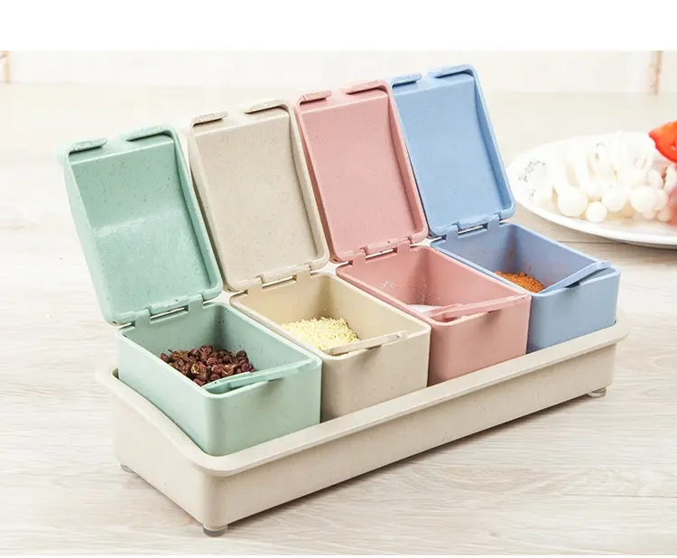 Wholesale Kitchen Tools 4-Pieces Wheat Straw Spice Rack Serving Boxes Seasoning Jar Box Set With Spoons