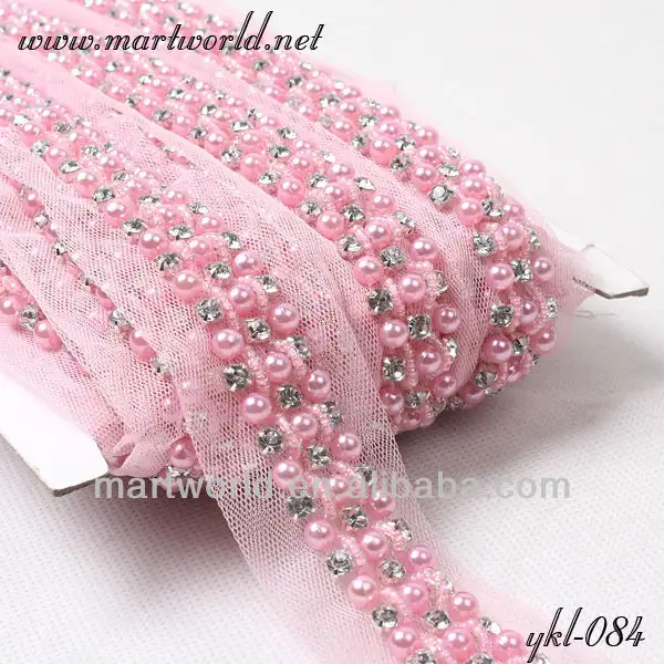wholesale fashion pink beaded pearl diamante trimming (YKL-084 pink)