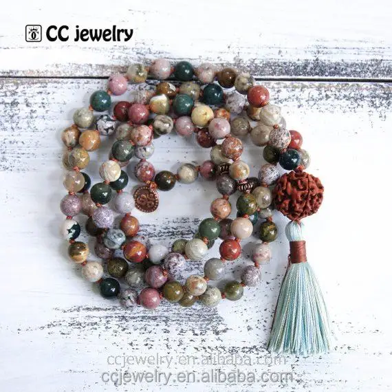 Handmade Bella Ocean Jasper Pietra annodato 108 Perline Rudraksha Yoga Mala OM ciondolo Collana con Nappa A Buon Mercato