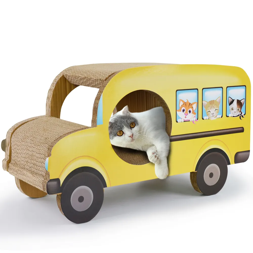 Icle-gato brinquedos de gato, papel enrolado, papelão, artesanato, gato, arranhador, carro, formato de casa, Boxes-IC-0040 ônibus escolar