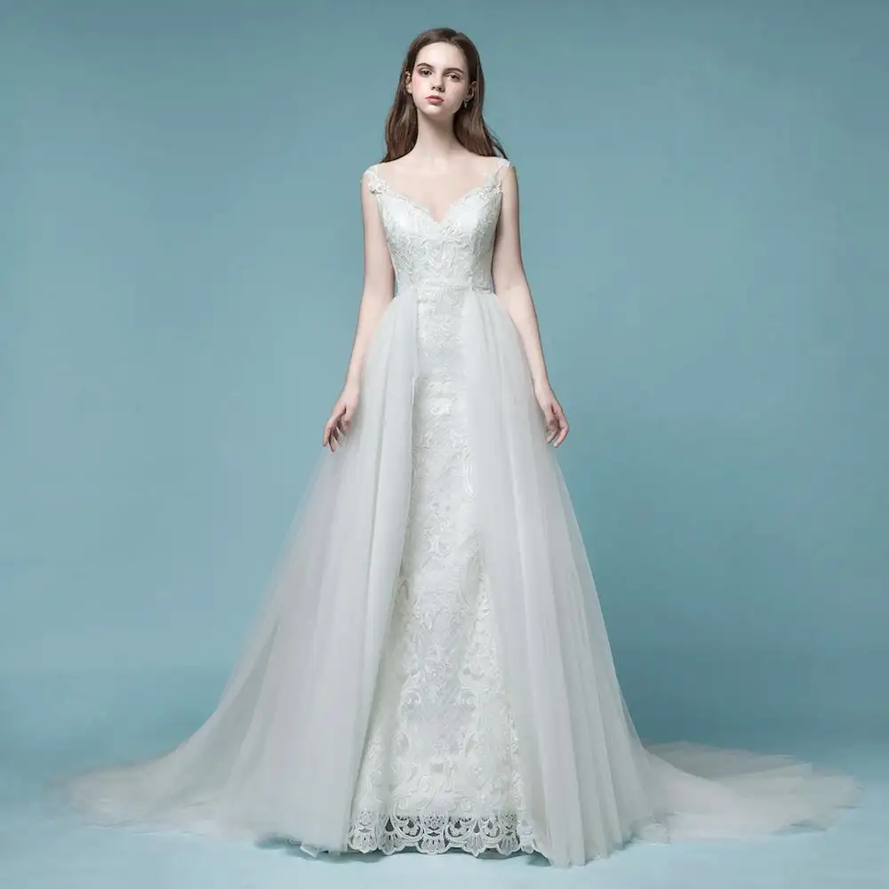 RUOLAI AWD-03 disegni di abiti da sposa con gonna rimovibile in pizzo di lusso reale