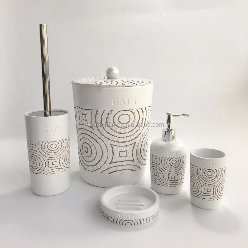 Minimalista redondo blanco poliresina accesorios de baño conjunto 6 piezas diseñador lujo Hotel resina conjunto para hotel