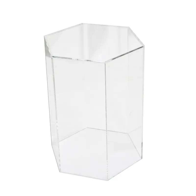 Moderno acrílico transparente hexagonal Lado de Lucite florero mesa de exhibición de acrílico de las mesas
