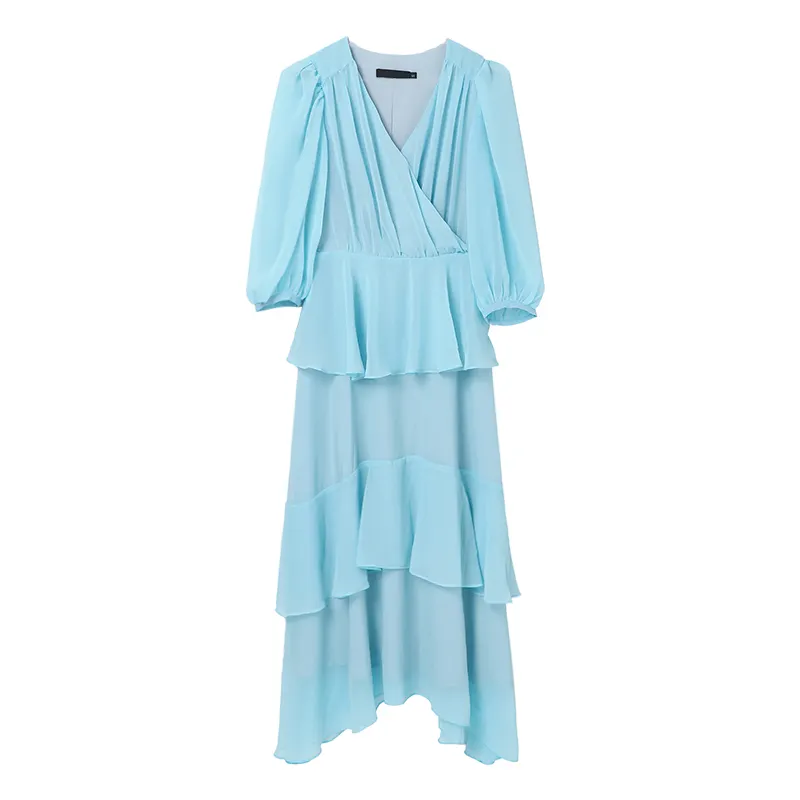 Cozy Women Summer Wearing Dress Collection Soft Chiffon Layered Ruffles Half Sleeves Top Selling Light Blue Dress