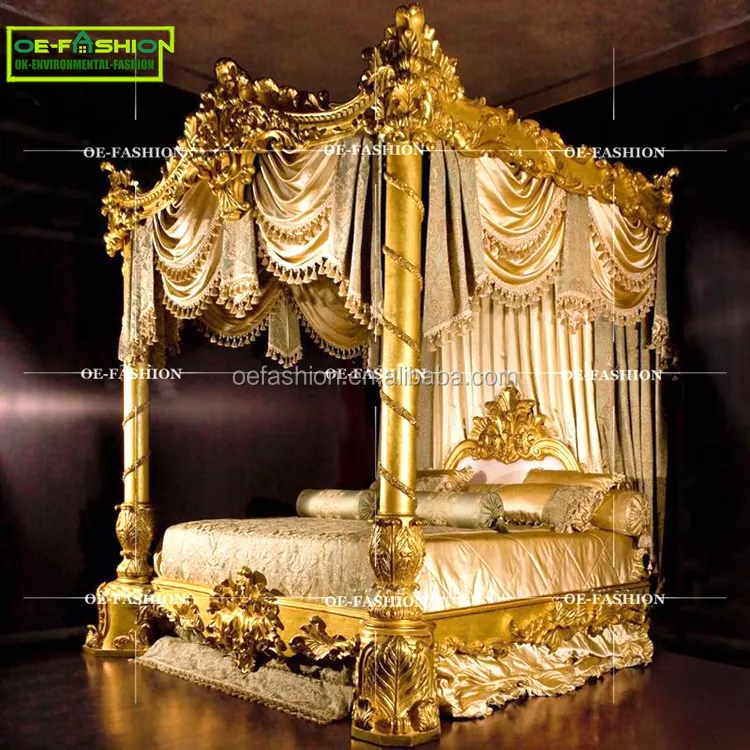 Italy style Roman column design bed, solid wood hand carved double bed, luxury double bed