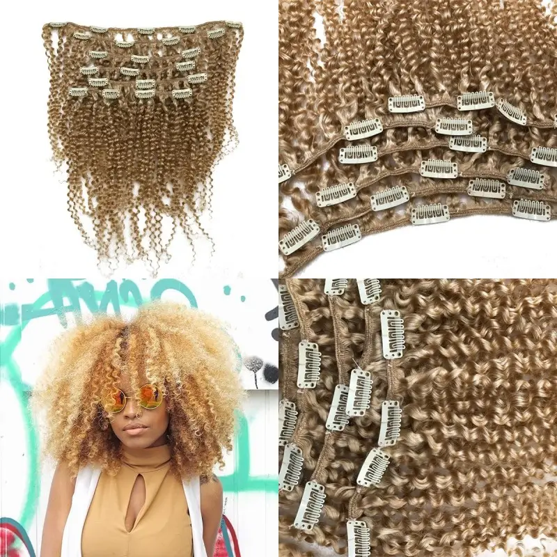 Pelo humano malasio 613 # Afro rizado rubio rizado Clip en extensiones de cabello para mujeres 7 unids/set