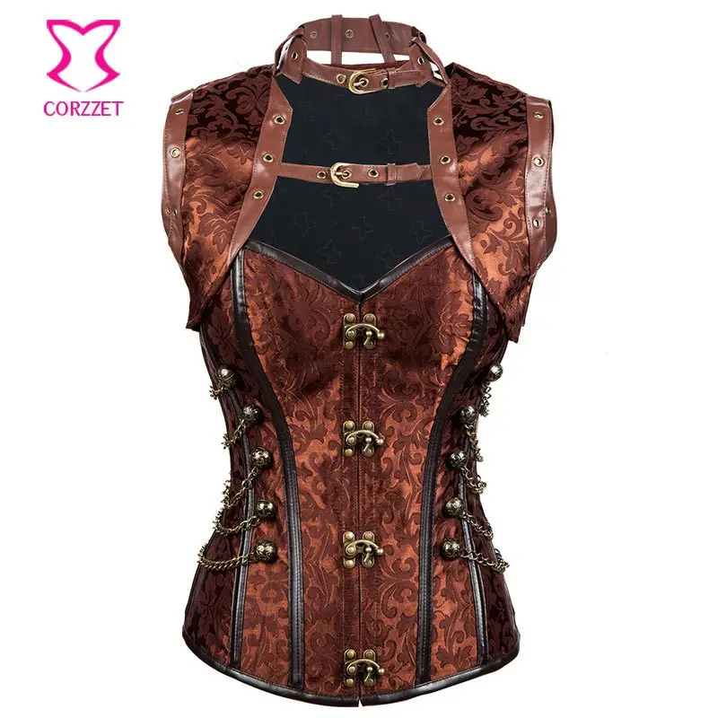 Conjunto de jaqueta steampunk, corset marrom sexy para mulheres, slim, com corset