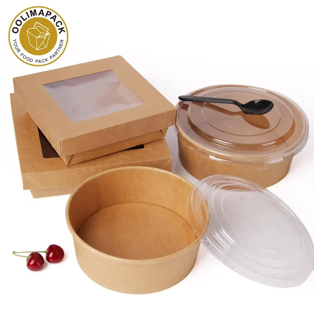 Caja de papel Kraft Biodegradable con recubrimiento PLA, cuenco de ensalada con tapa