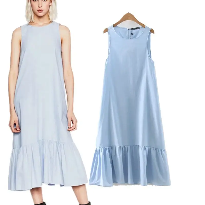 2019 Wholesale Clothing Women Sleeveless Casual Ruffle long A Line Dress