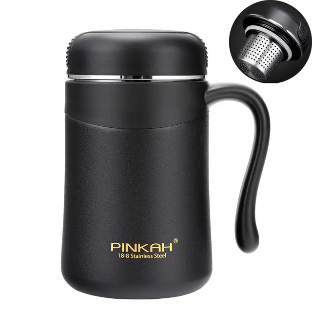 Pineca nova lançada 380ml, à prova de vazamento, pó revestido, parede dupla isolada, caneca de aço inoxidável a vácuo com alça e filtro de chá