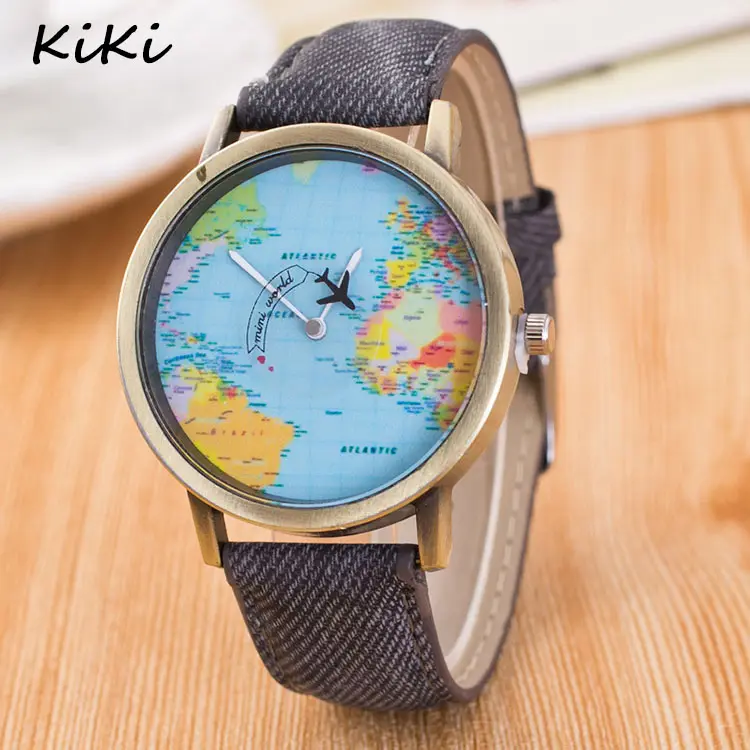 >>>Flight Airplane Travel World Denim Strap Quartz Watches Women Dress Wristwatch Gifts Bronze World Map Watch