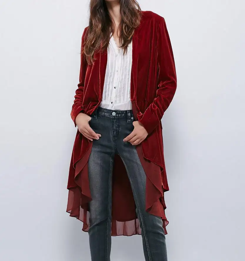 M544 d. Y модная женская бархатная куртка, шифоновое длинное пальто с оборкой