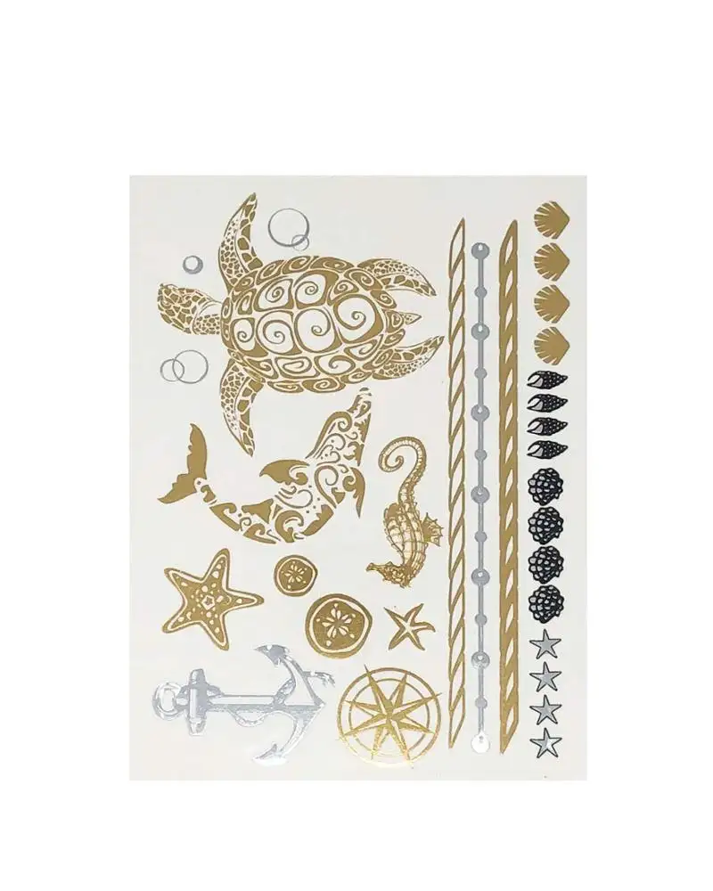 Ocean Series Sea Horse Tortue Octopus Starfish Sexy Retro Golden Silver Métallique Temporaire Flash Inspiré Tatouage Autocollant