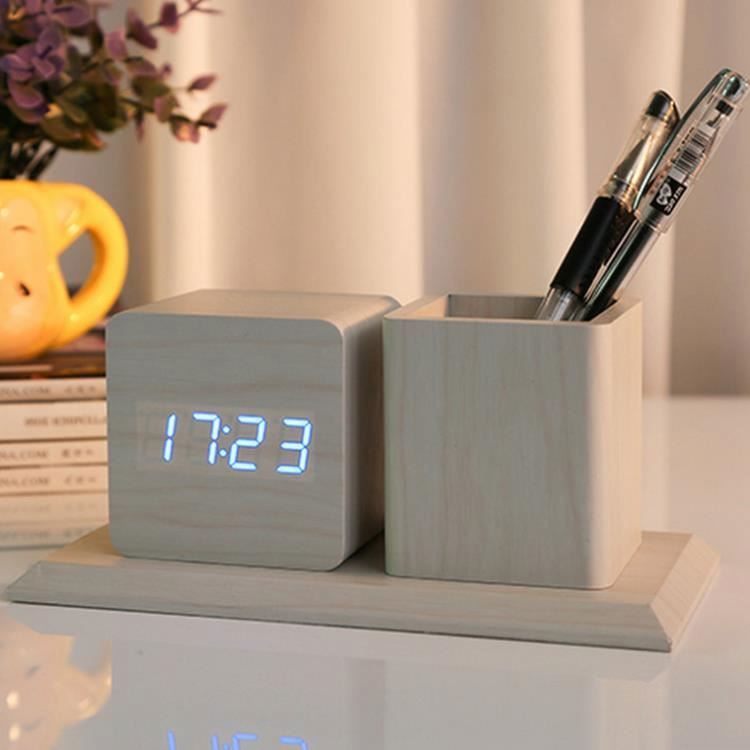 นาฬิกาไม้ Zogifts นาฬิกาไม้ทันสมัย LED นาฬิกาปลุกตั้งโต๊ะปฏิทินเวลาลำโพง BT สีทองวิทยุดิจิตอลโลหะวินเทจใช้ในบ้าน