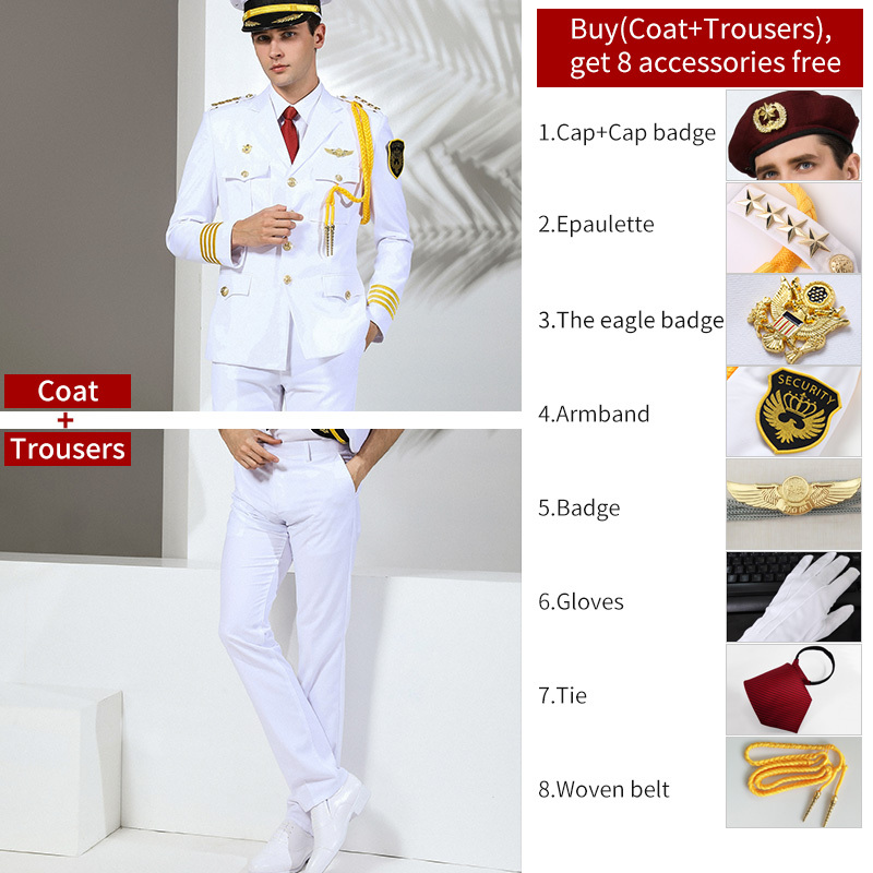 Costume uniforme blanc + béret + Badge 1 + 6 accessoires