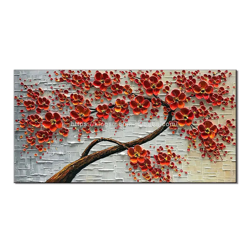 Fleur Arbre Peinture À L'huile 100% Peint À La Main Décor À La Maison 3D Fleur Mur Art Couteau Rouge Abstrait 1 Pièce Toile Toile Fleur Lin