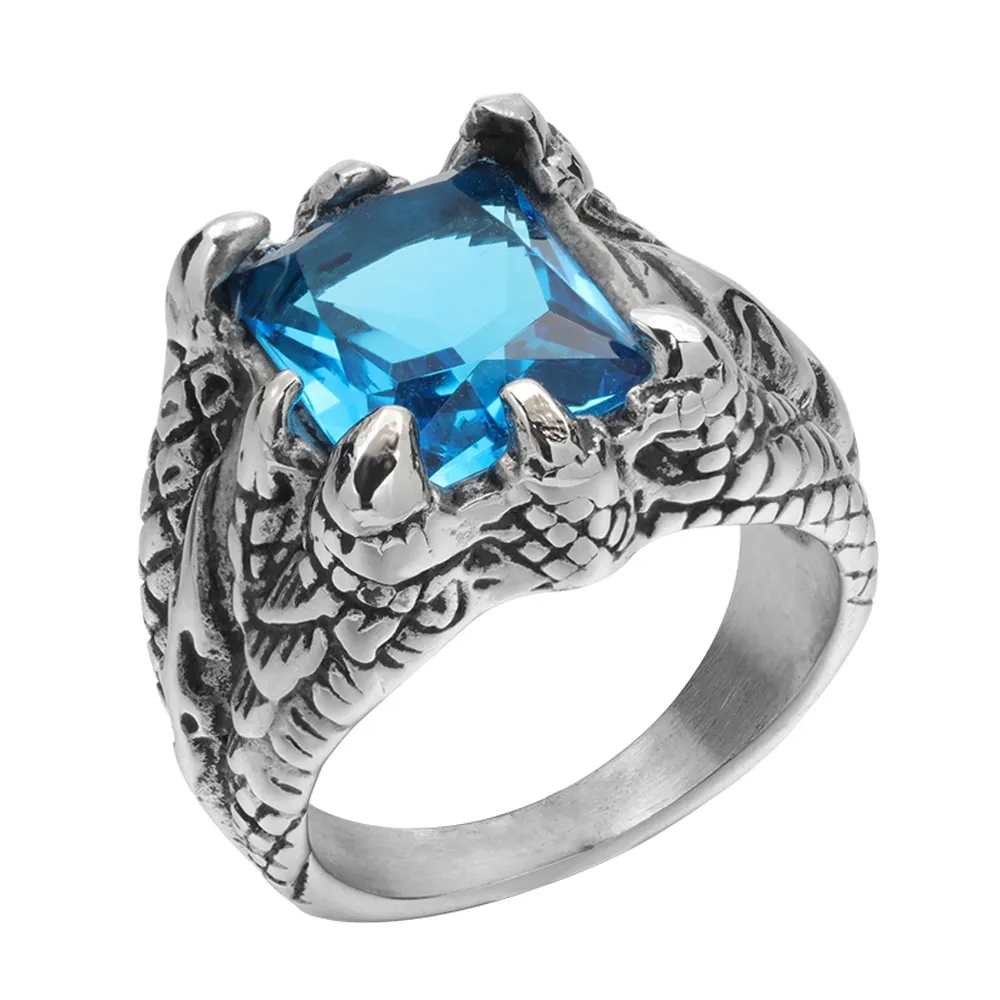 Anillo de acero inoxidable para hombre, diseño de anillo de zafiro, aguamarina, garra de dragón, piedra