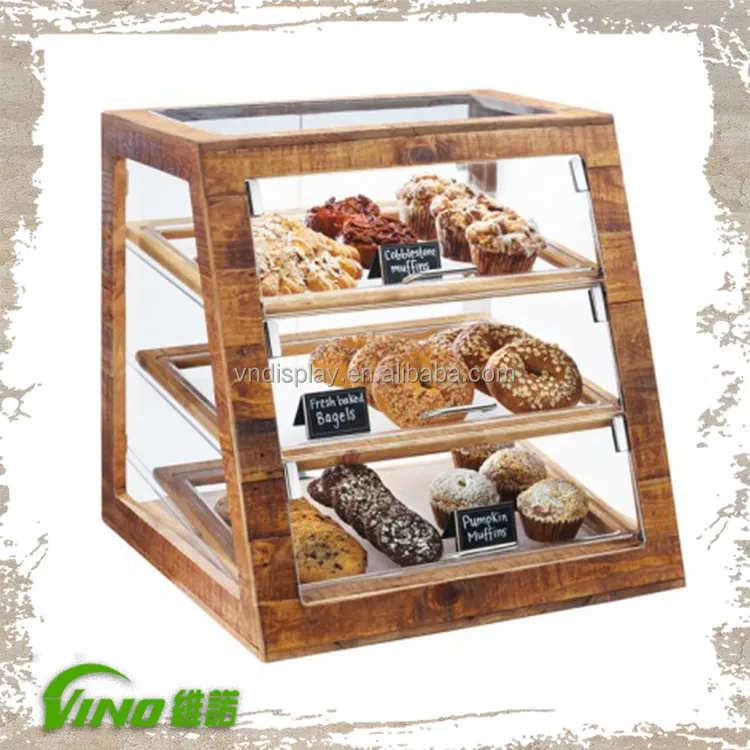 Custom and wholesale bakery display cabinet, rustic wooden case bread display cabinet on counter top for Pastry shop