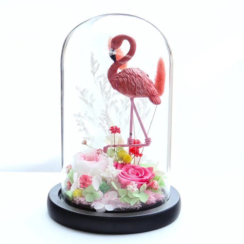 Decorações de flamingo artificiais para casa, flor seca rosa em domo de vidro e base de madeira preservada flor fresca para as mães