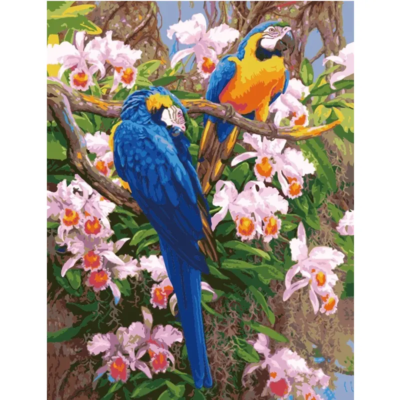 Dipinto A mano arte pittura A olio due uccelli pappagallo su un albero di fiori con i numeri foto su tela la stampa su tela soggiorno