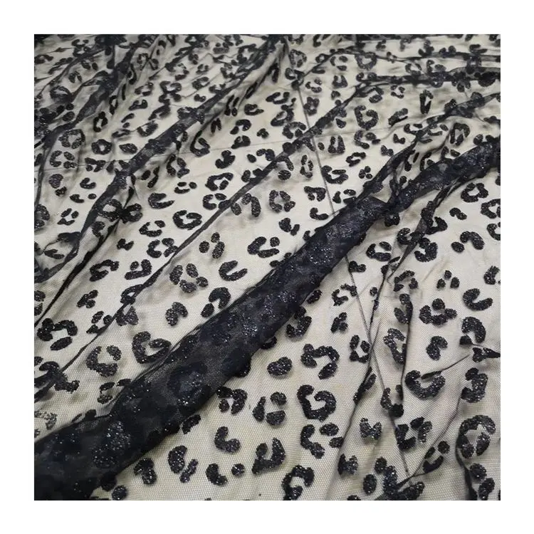 Moda Preto Sexy Tulle Tecido Glitter Leopard Pattern Glitter Tule de Malha de Tecido Para O Vestido de Noite