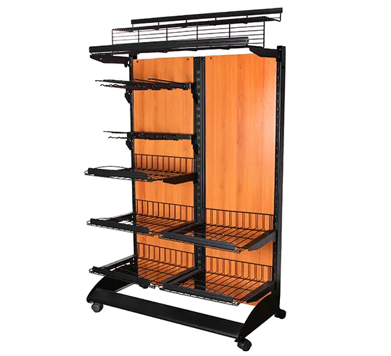Wood retail display stand with slatwall / MDF display board / Wood flooring display rack with basket and metal wire shelf