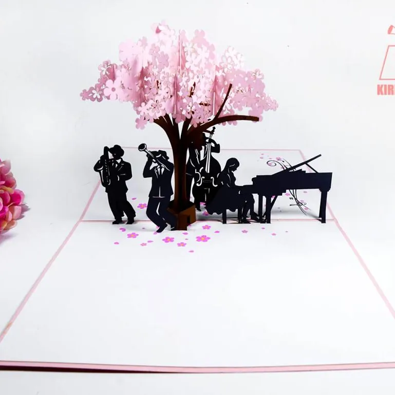 Bande de musique créative 3D, fait à la main, avec arbre de cerisier, découpe Laser, Kirigami Pop Up, carte de vœux