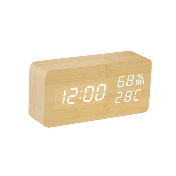 คำสั่งเสียงชาร์จ Usb นาฬิกาปลุกไม้ LED พร้อมอุณหภูมิ