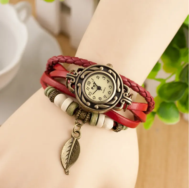 Promoción, envío gratis, para muestra, reloj de pulsera vintage para mujer, reloj de cuero retro de cuarzo al por mayor