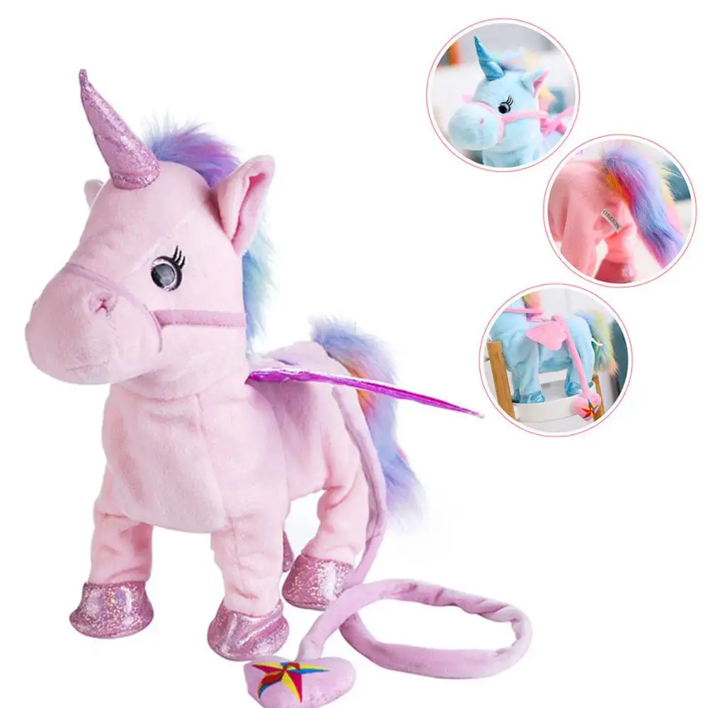 Unicornio púrpura de peluche personalizado, juguete de unicornio que habla, con correa, venta al por mayor, nuevo diseño