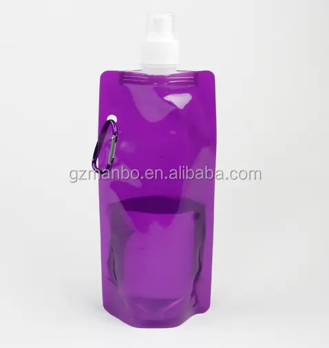 Botellas de agua reutilizables plegables, flexibles, sin BPA, 16oz, venta al por mayor con mosquetón para viaje