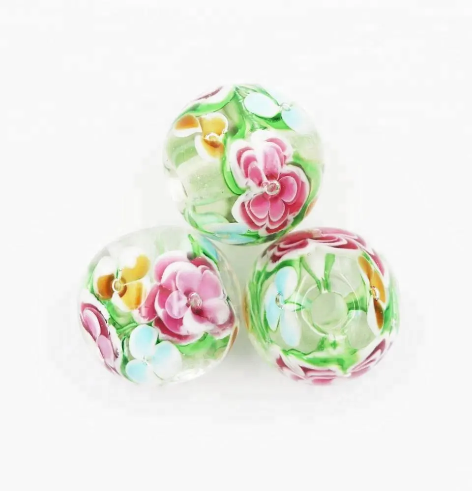 Perles rondes en verre avec fleurs pour fille, grand trou, lampe de Table, décoration artisanale, bijoux, 50 pièces, 20mm